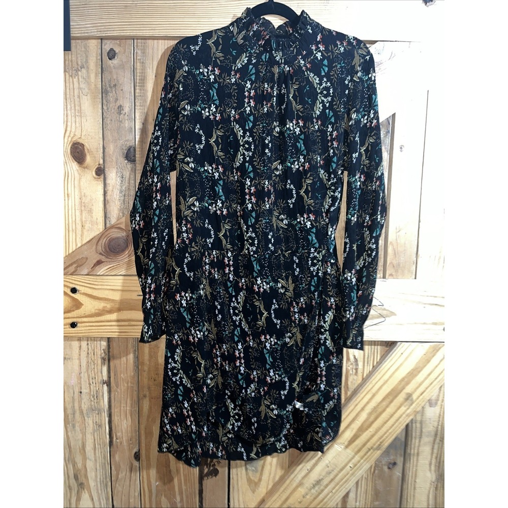 Black Floral‎ Sheer Textured Dress Turtleneck Long Sleeve Size Medium